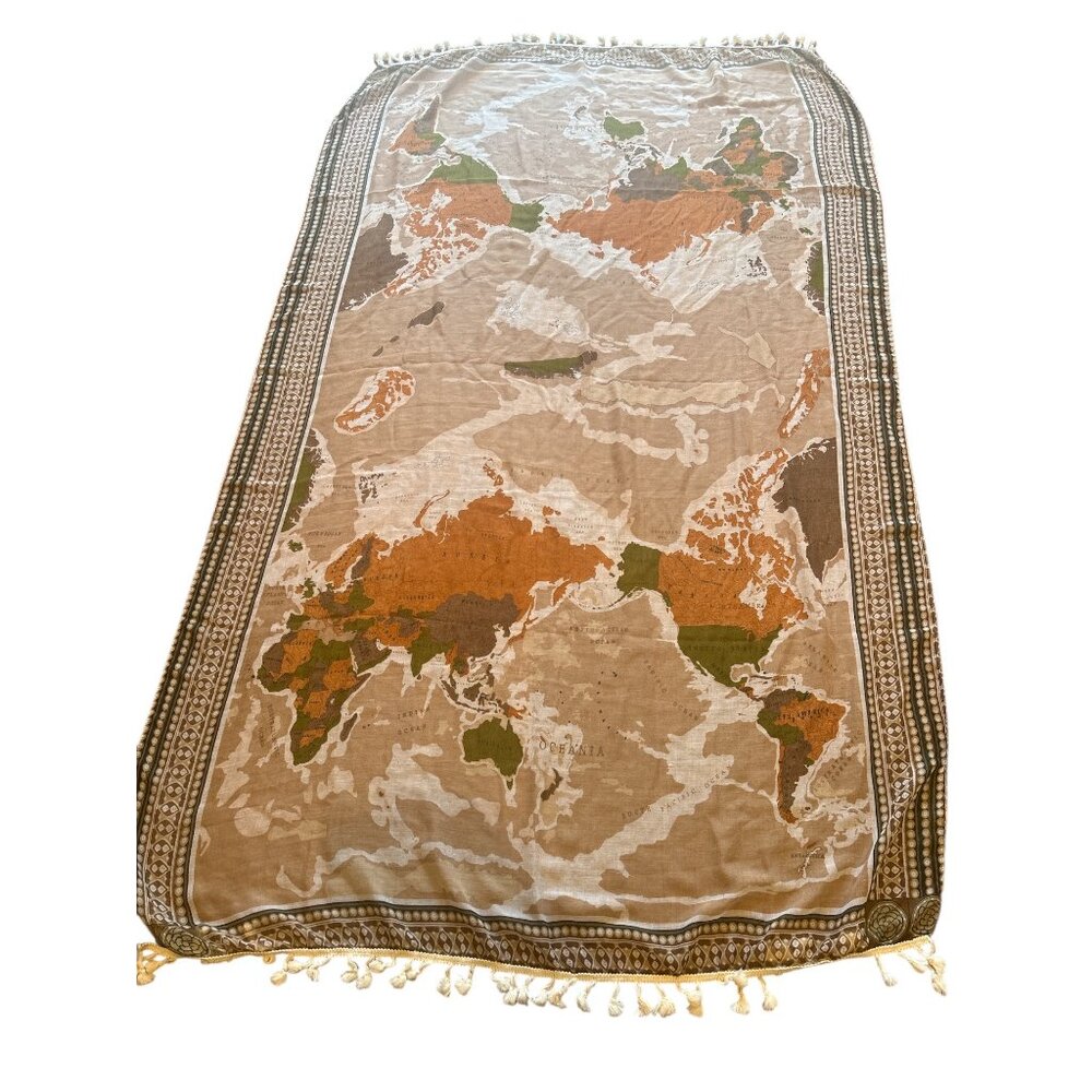World Map Tassel Scarf – 3.5x6 ft Oversized Boho Wrap – Neutral Earth Tones – Tr - Picture 3 of 5